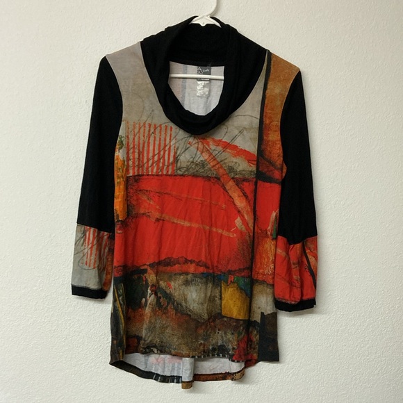 Simply Art by Dolcezza Abstract Tunic Top Womens Size S Cowl Neck Hi Lo Stretch - Picture 2 of 8